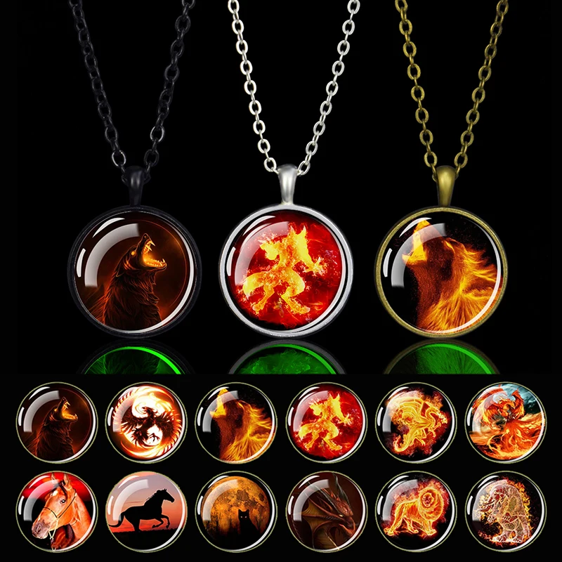 Esspoc Cool Hiphop Necklace Unique Design Flaming Phenix Wolf Dragon Lion Glass Dome Pendants Necklaces Glowing in Dark Men Gift