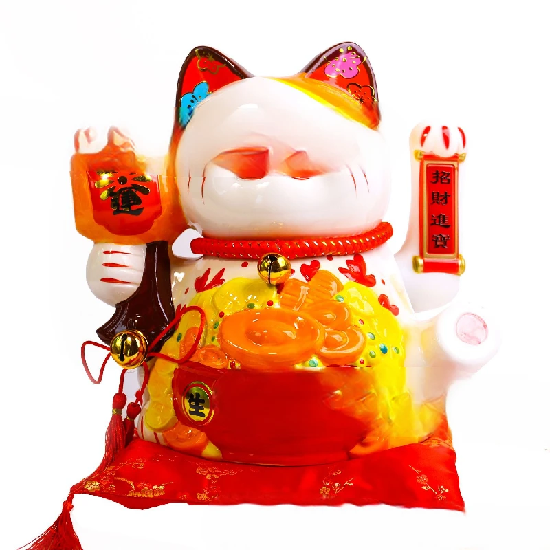 Lucky Cat Wealth Cat Gift Maneki Neko Welcome Feng Shui Crafts Money Box Home Store Decoration 10 inch Handmade Ornaments