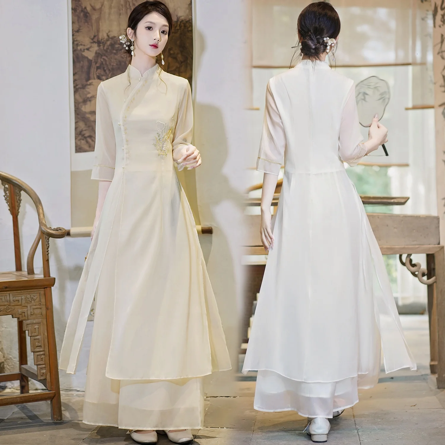 

New 2026 Chinese Sle Embroidered Stand Collar Seven Sve Women's Zen Tea Costume Set Improved Version Faionable Ladies