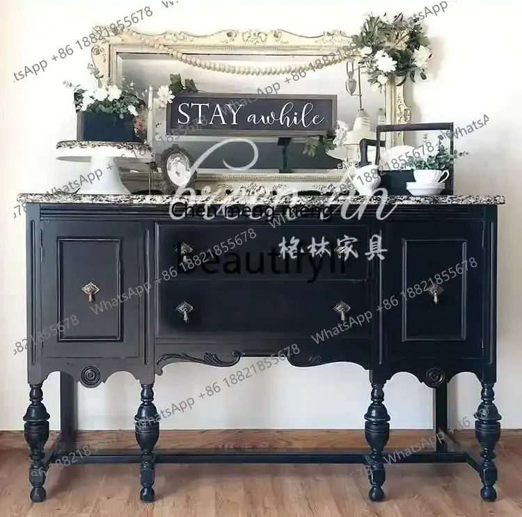 

French solid wood entrance dining side cabinet retro bucket cabinet living room decorative storage wine cabinet6220