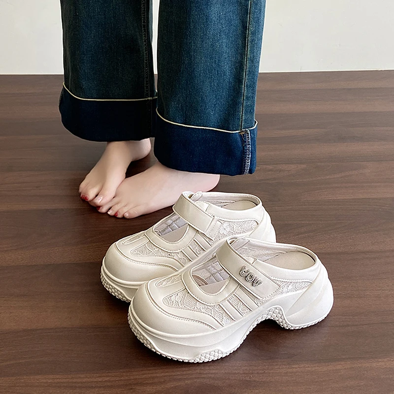 

CRLAYDK сабо без шнуровки на танкетке для женщин, домашние тапочки, кружевные прогулочные лоферы с открытой спиной, уличные повседневные женские шлепанцы, увеличивающие рост