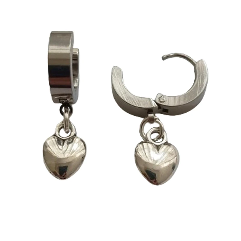Small 3D Love Heart Dangle Leverback Hoop Earrings, Lovely Stainless Steel Ear Clip, Chic Jewelry for Men Women