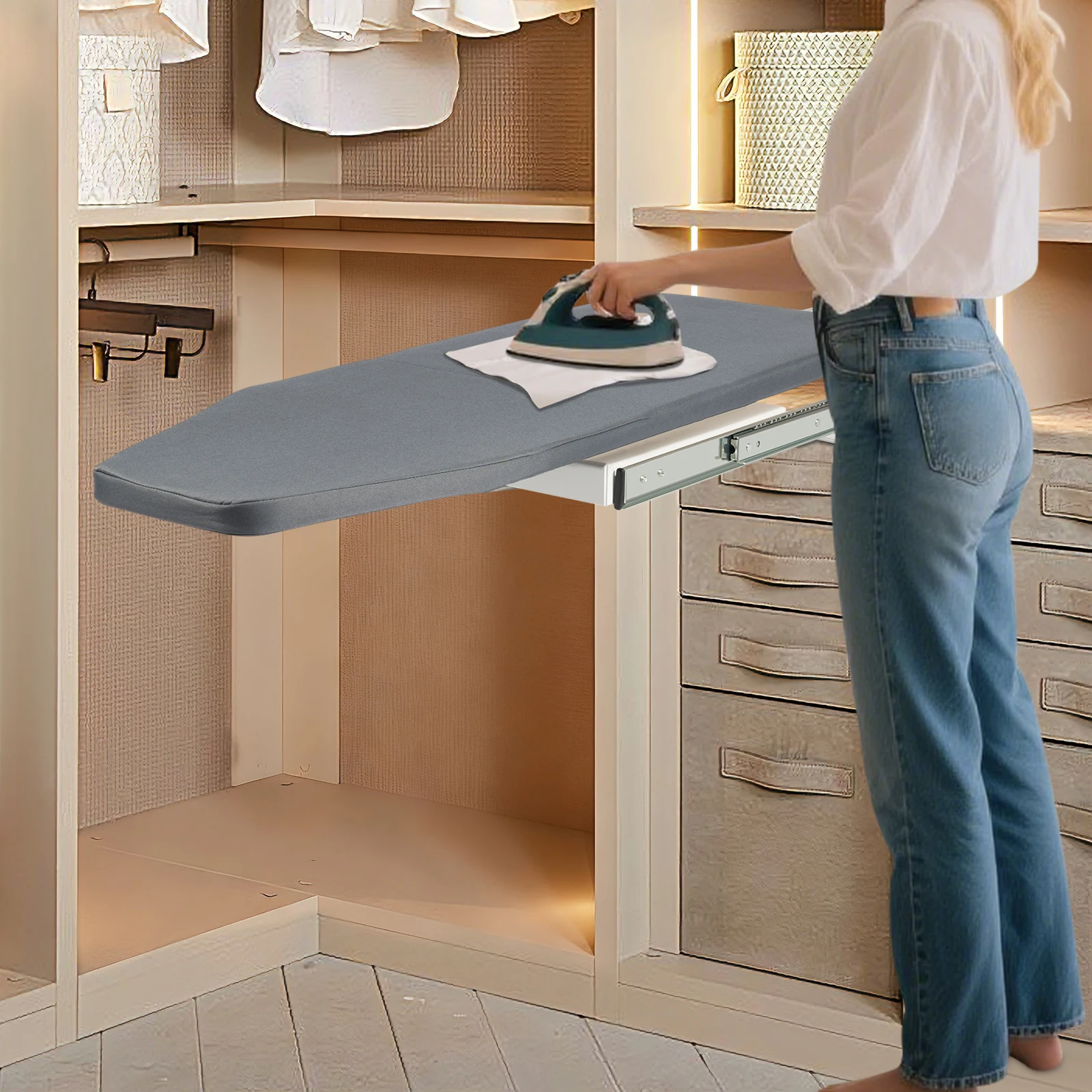 

Foldable Cabinet Ironing Board, 180° Rotating Wall-Mounted Board with Cover, Space-Saving for Laundry Room Closet Home Use