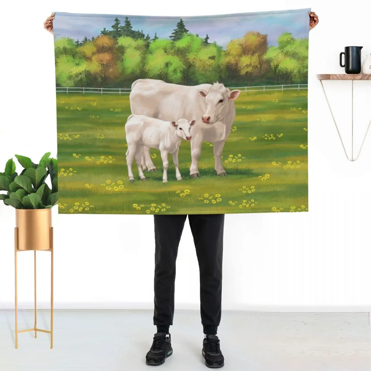 

White Charolais Cow and Cute Calf in Summer Pasture Throw Blanket Fluffy Cozy Throw Blanket for Home Decor