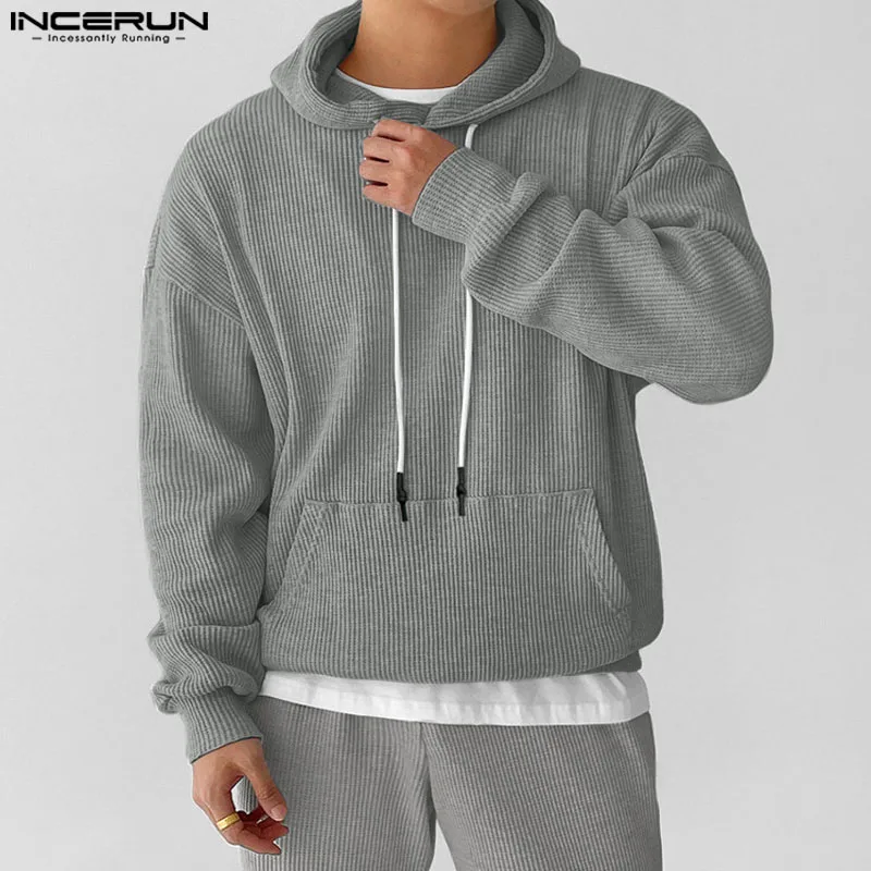 INCERUN Tops 2024 Fashion Men Hoodies Loose Striped Hoodies Autumn Winter Male Hot Sale Drawstring Long Sleeved Sweatshirt S-5XL