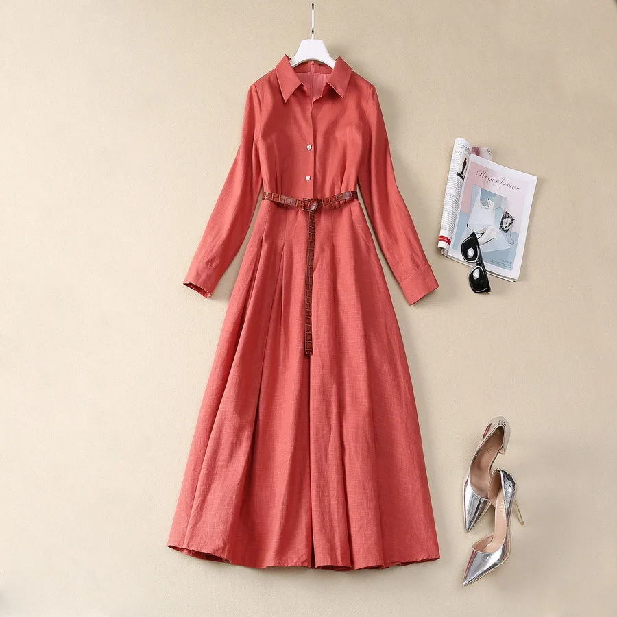 

Europe and the United States women's 2024 autumn winter new Lapel long sleeve solid color Fashion belt pleated linen dress XXL