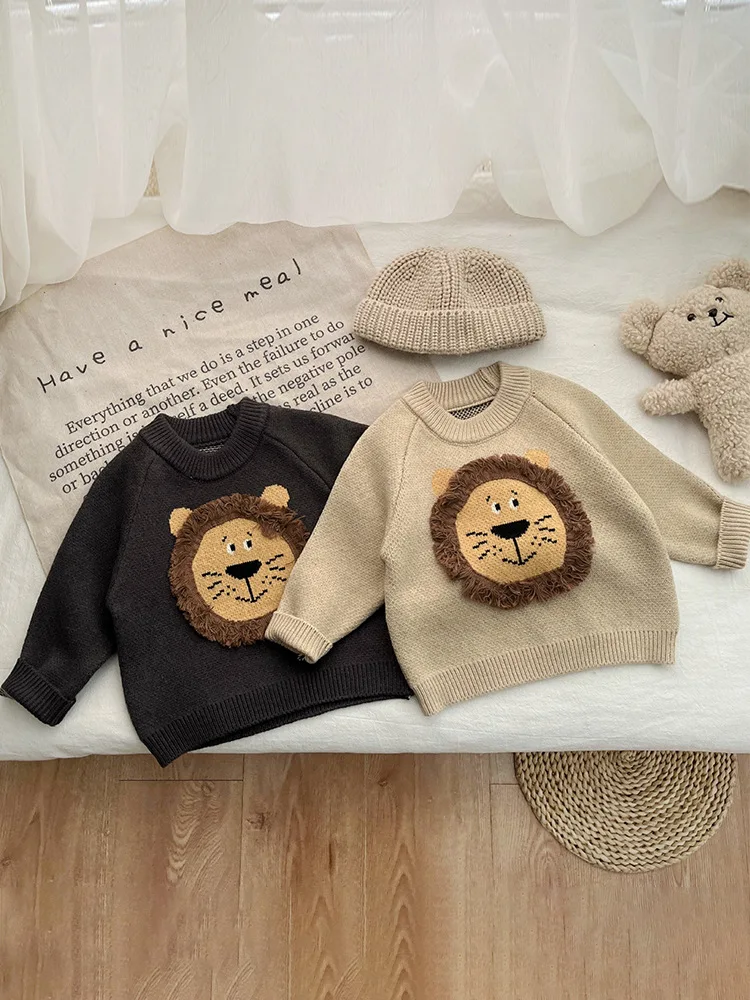 MiniAinis Autumn Winter Baby Thickened Lion Round Neck Top Girls Knitted Warm Sweater Boys Cartoon Clothes Children Clothing