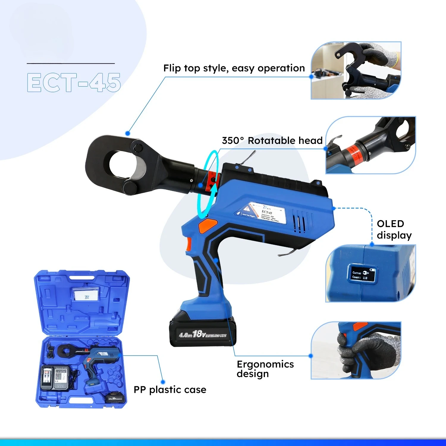 

Аккумуляторный гидравлический кабелерез ECT-45 – 6Т, 45 мм, с интеллектуальным ЖК-дисплеем, электрический режущий инструмент