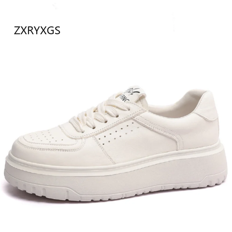 

ZXRYXGS туфли из воловьей кожи с верхним слоем на толстой подошве, кроссовки, увеличивающие рост, белые туфли, новинка 2025 года, женские кроссовки из натуральной кожи на шнуровке