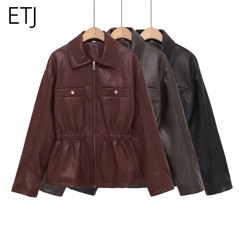 ETJ 2026 Spring new products women's long sleeve lapel imitation leather stretch waist casual jacket leather jacket
