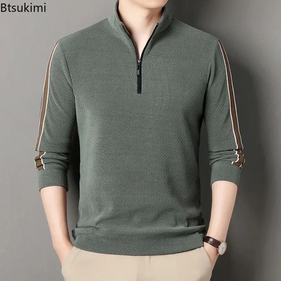 High-end Men's Half Zip Stand Collar Hoodies Fashion Slim Solid Patchwork Business Casual Pullover Tops Men Sweatshirts 2024 New