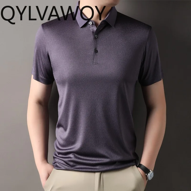 QYLVAWOY 4.8%Mulberry Silk Polo Shirt for Men Breathable Comfort Lapel Short Sleeve Tops Casual Fashion Man Clothes Polo Shirts