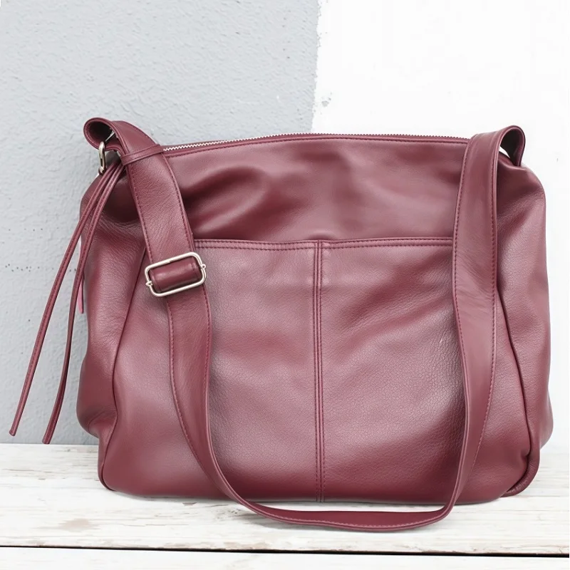 

Versatile Slouchy bags 2025 New Arrival Trendy Burgundy Tote Bag Genuine Leather Casual Large Capacity Shoulder Crossbody Bag