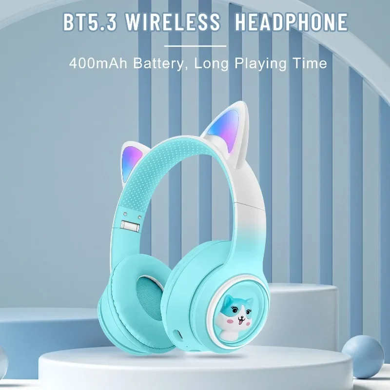 

For New AKZ-02 Wireless Bluetooth Cute Cat Ear Gradient Color Headphones HD Mic RGB Lighting Support TF Card Children's Headset