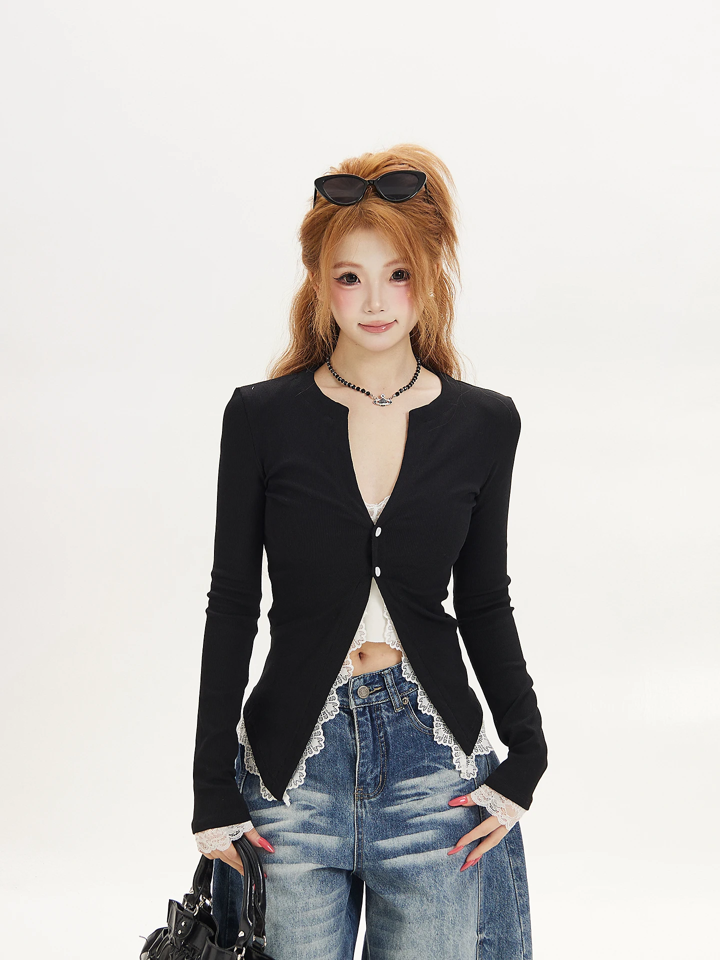 Ant Lace Splice Long Sleeve V-Neck Slim Fit Belly Bared Hot Girl T-Shirt Women's Pure Desire Autumn Fashion Top