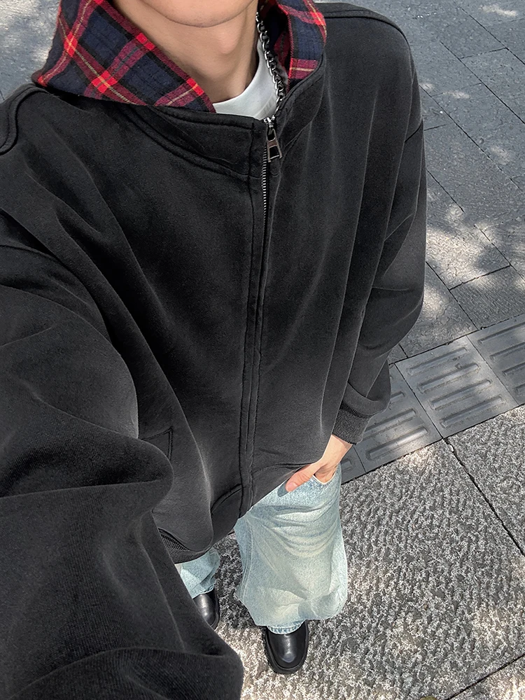 

Американский свободный худи-куртка унисекс, осенний, с клетчатыми вставками, стильный, с капюшоном, из полиэфирного волокна, удлиненный рукав