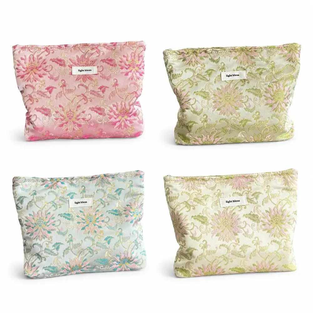 Canvas Cosmetic Bag Jacquard Texture Lotus Pattern Clutch Bag Chinese Inspired Style Compact Shape Organizer Pouch