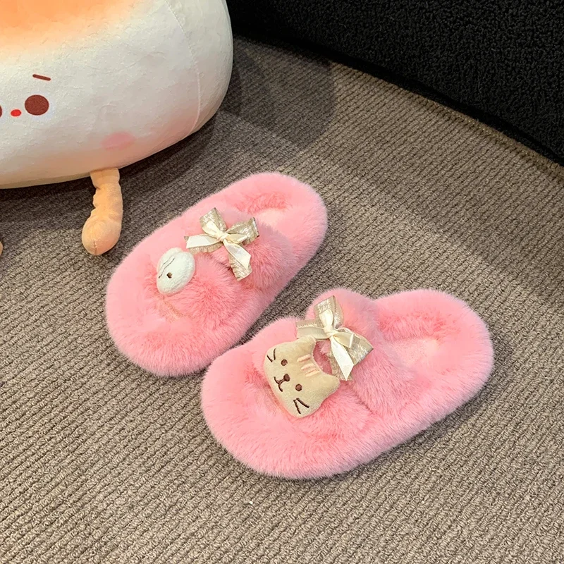 Winter Girls One-piece Slippers with Butterfly Bow Small Fish and Cat Warm Non Slip Soft Bottom Indoor Suede Slippers De Mujer