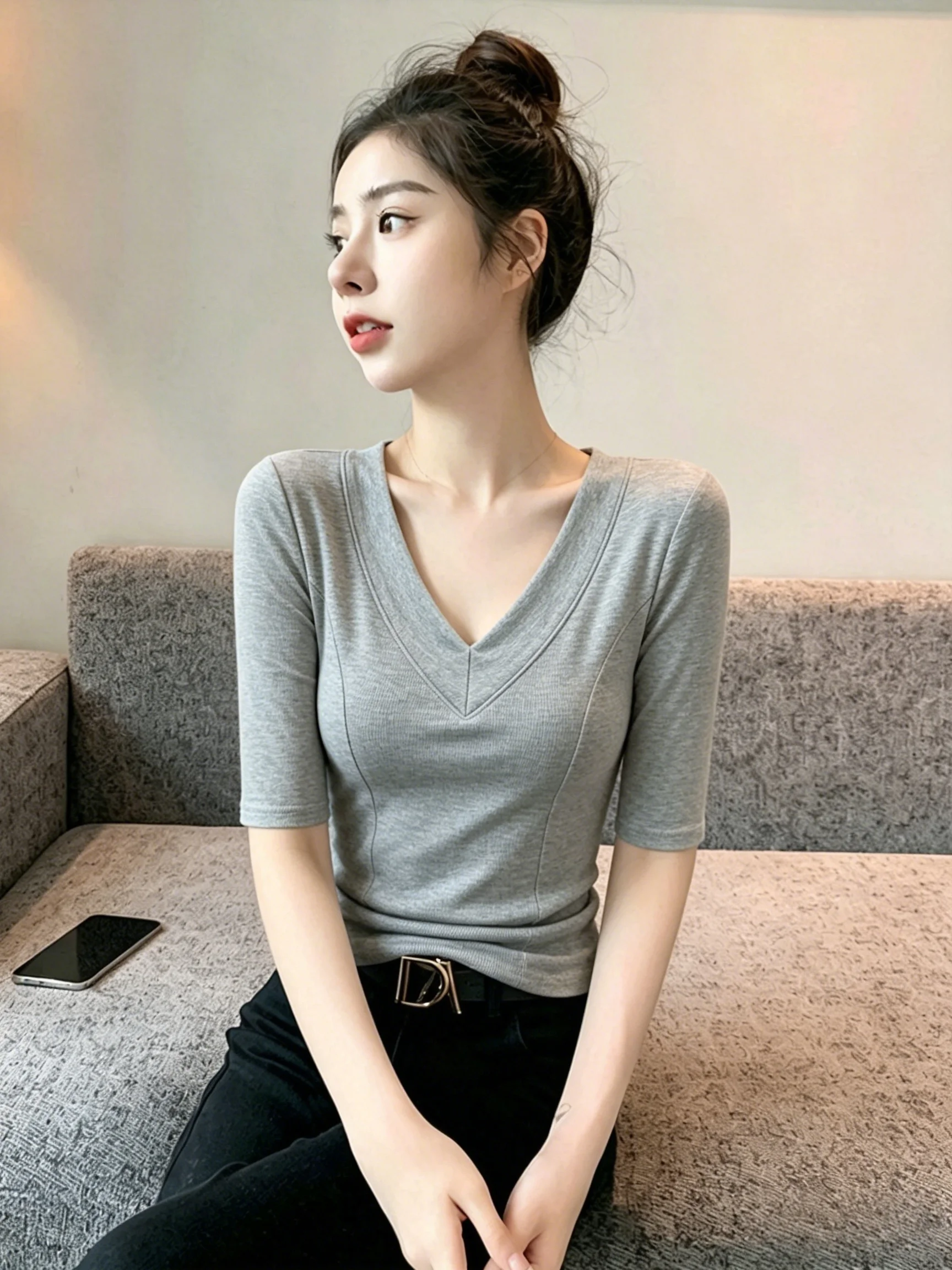 Slim Fit V-Neck Short Sleeve T-Shirt 95 Cotton Five-Point Base Shirt Summer plus Size Women's Fashionable Versatile Underwear