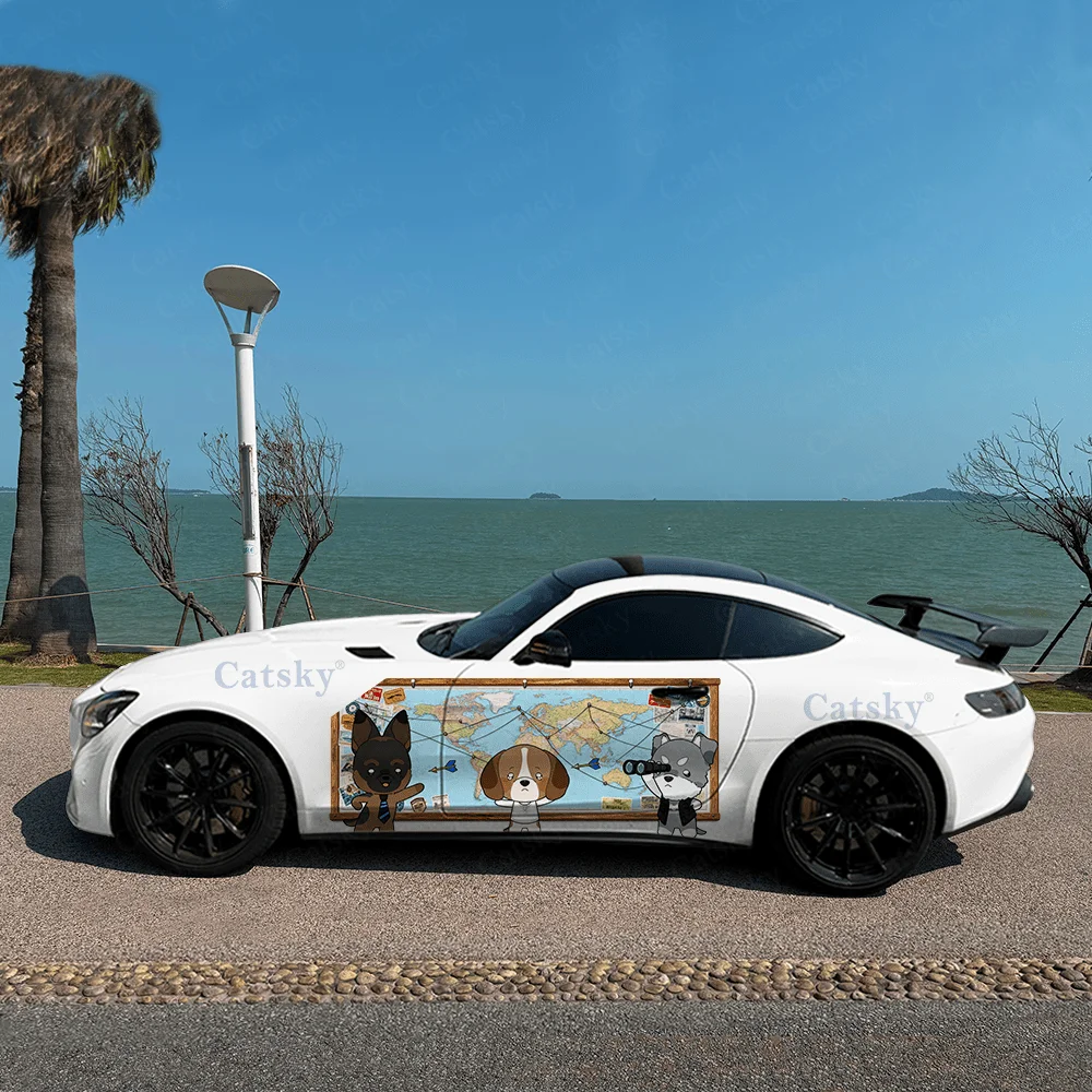Dogs Exploring the Map, German Shepherd, Beagle, PVC Material, Suitable for Most Vehicles, Side Decorative Sticker, Waterproof a