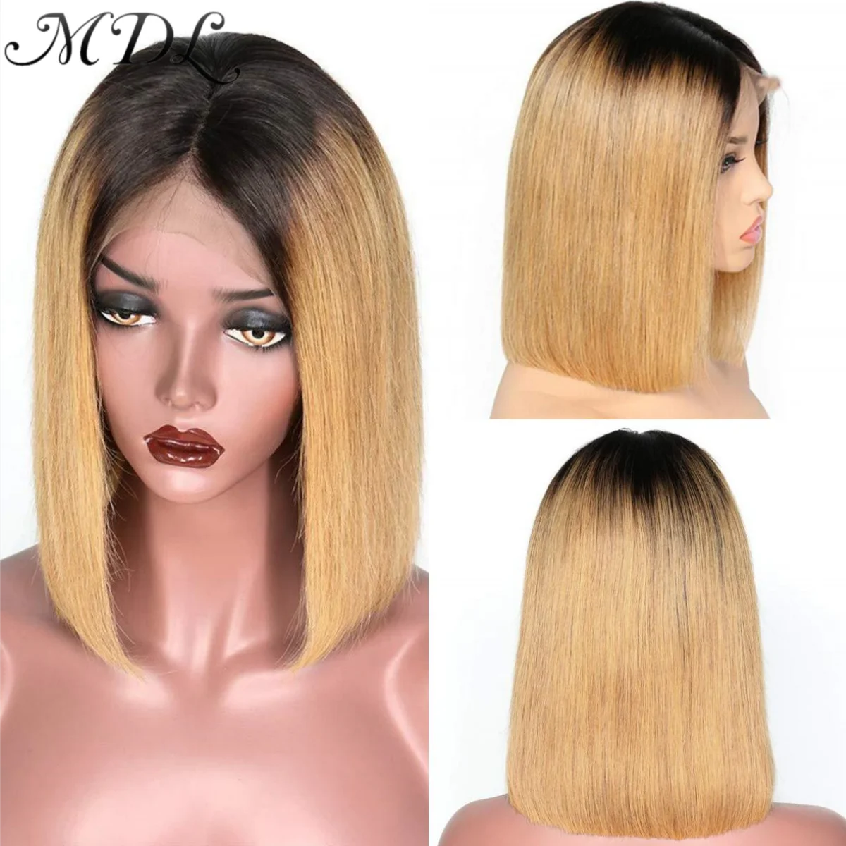 

MDL 180 Density Remy Human Hair 13x4 HD Lace Front Frontal Short Bob Wig for Women Pre Pulcked Ombre Black Brown 1B27 Glueless