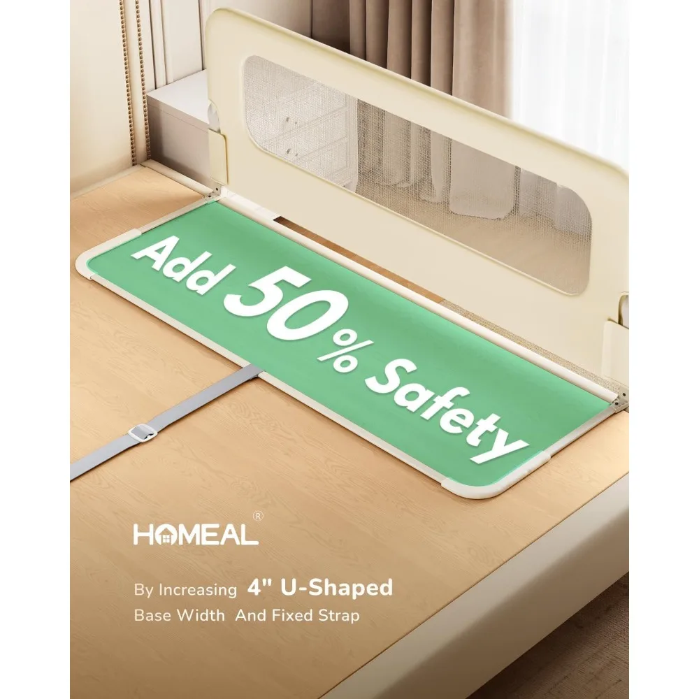 U자형 베이스가 있는 엑스트라 롱 유아용 침대 난간, 트윈부터 킹 사이즈 매트리스까지 사용 가능한 안전 가드, 베이지색, 간편 설치