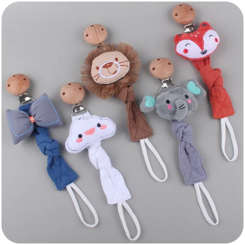 Kissteether Cartoon Doll Beech Pacifier Clip Lion Cotton Hemp Ribbon Pacifier Rope Baby Pacifier Chain Teether Accessories