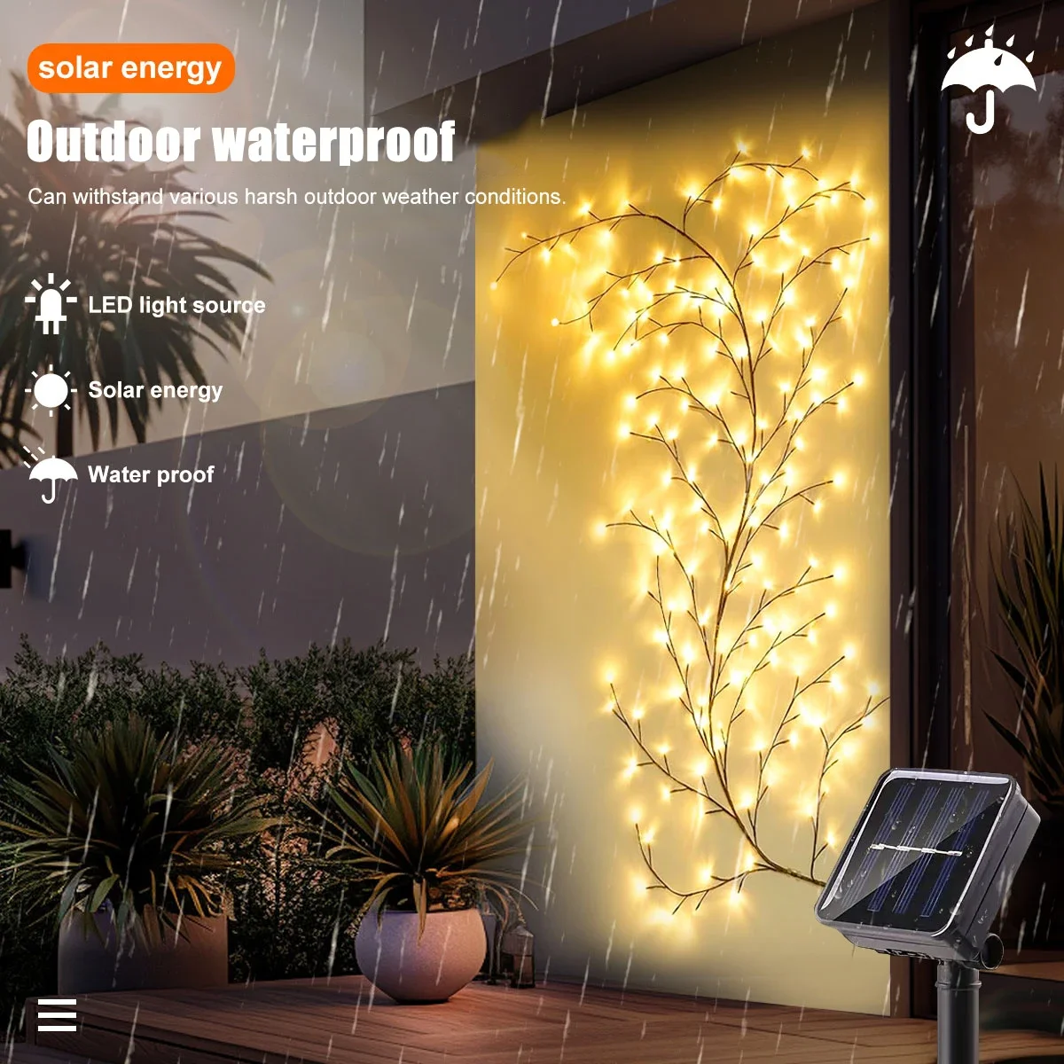 1pc Solar Willow Vine Light For Outdoor Wall Balcony Garden Decor,72/96LEDS Solar String Fairy Light Waterproof For Christmas