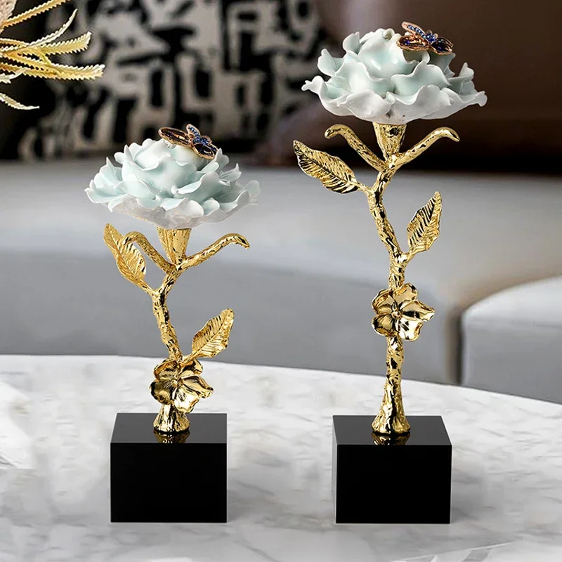 Modern Villa Hotel  Party Holiday Flower Sculptures Gift Modern Ceramic Zinc Crystal Decorative Items Ornaments for Home