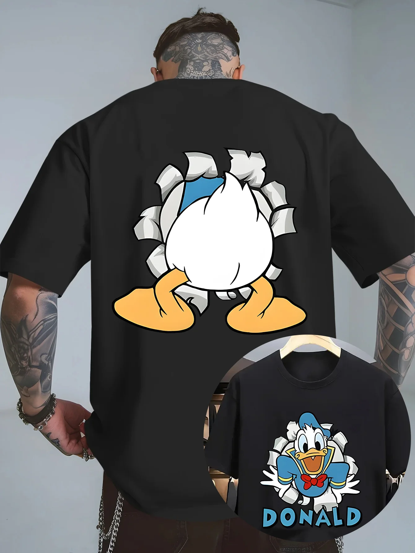 חולצת טי-שירט מודפסת דו צדדית עם דמויות דיסני דונלד דאק, קיץ 2026, גברים, רחוב חדש, היפ הופ, קז'ואל, רחבה, שרוול קצר