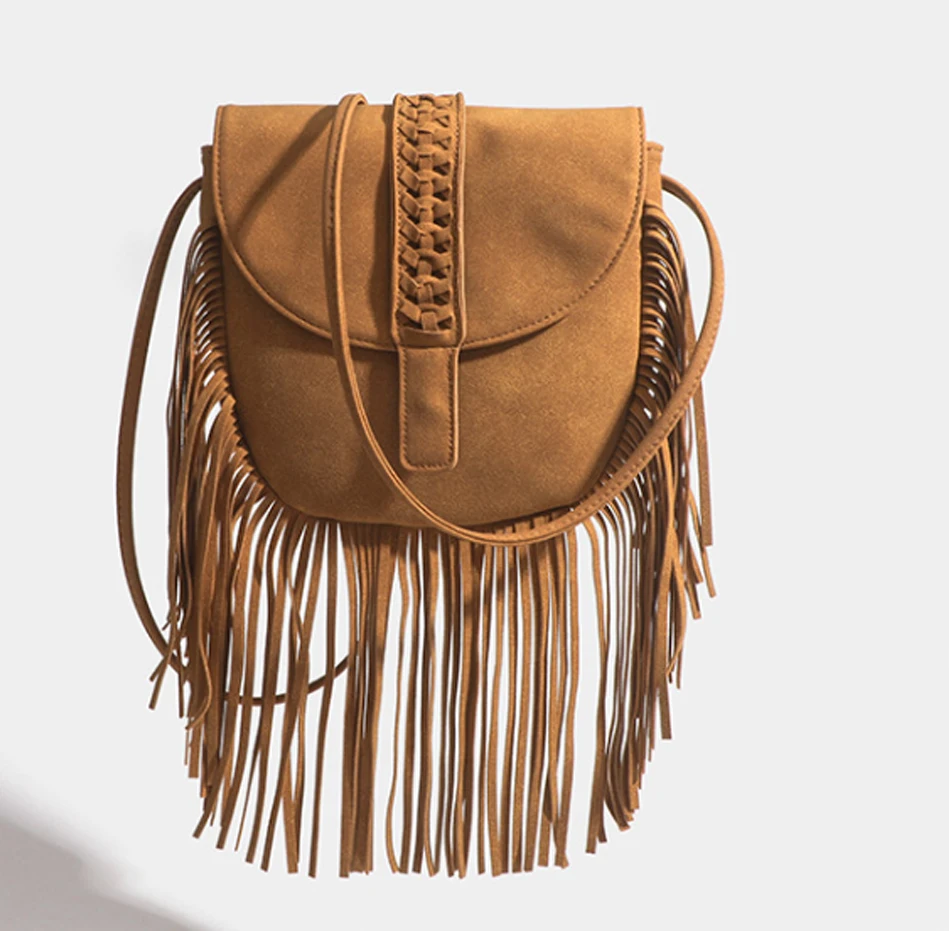 Simple design saddle bag fashion woven semi-circular soft leather tassel women bag shoulder bag crossbody bag