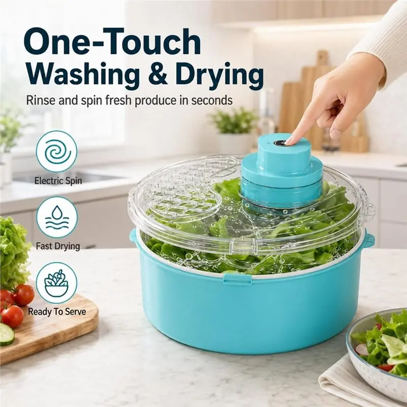 AB42-Salad Spinner And Produce Washer Electric Fruit Washer One-Touch Produce Washing And Drying Solution For Meal Prep