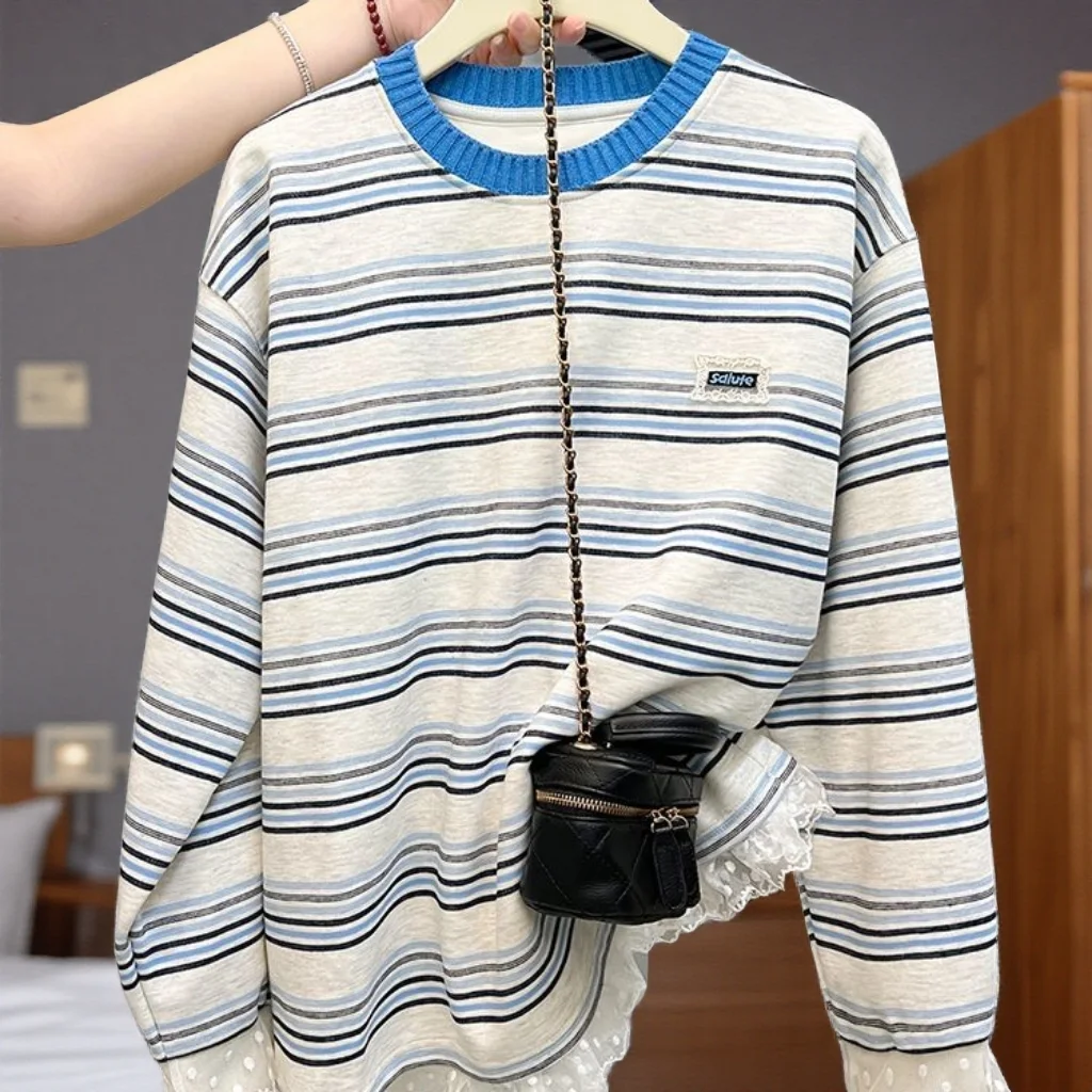 

Корейская повседневная толстовка в полоску большого размера (до 300 фунтов), свободная, для пар, модная, универсальная, с цветными блоками, худи