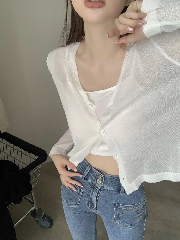 Cardigan Women Sunscreen Breathable Stylish V-neck Transparent Sun-proof Summer Solid All-match College Daily Mujer Thin Casual