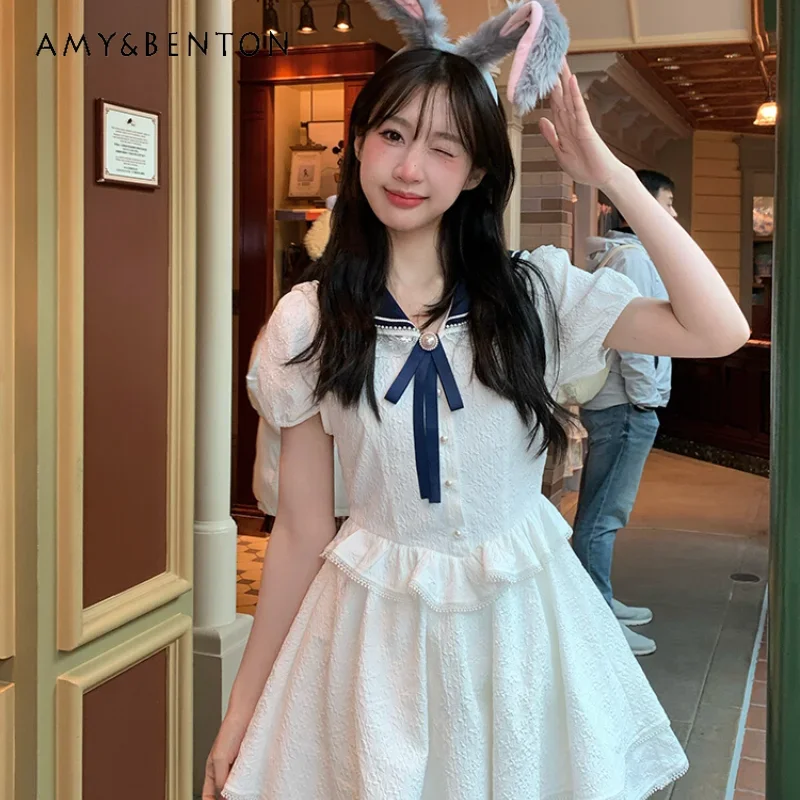 

2024 New Casual Style Summer Sailor Collar Sweet Cute White Pearl Buckle A-Line Lace Trim Fashion Dress For Girl