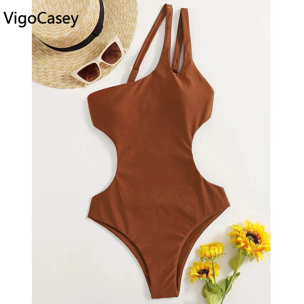 VigorCasey 2025 traje de baño sólido de un hombro para mujer, traje de baño Sexy de cintura alta hueco de una pieza, Monokini, traje de baño para