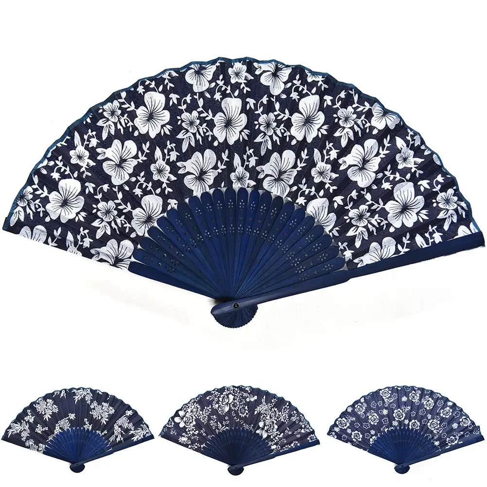 Chinese Style Blue Fabric Hand Folding Fan Cool Summer Classical Flower Design Wedding Party Favor Decor Batik Blue Flower Fan