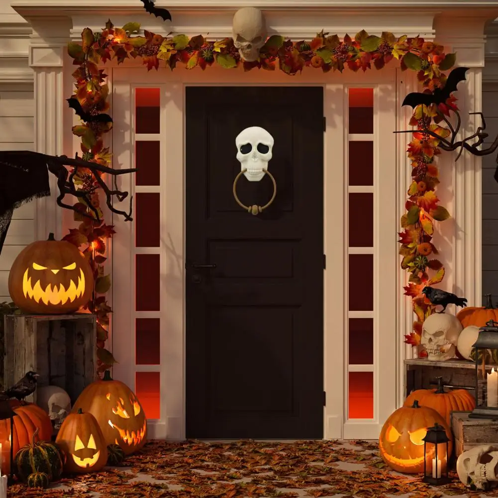 Haunted House Doorbell Spooky Halloween Skull Doorbell with Skeleton Head Light-up Eyes Spooky Sounds for Haunted House Party