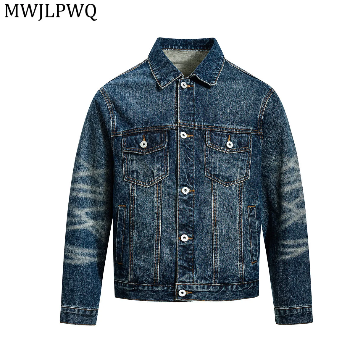 

MWJLPWQ Американская высококачественная потертая джинсовая куртка, мужская однобортная повседневная куртка-карго со сращенными карманами и лацканами, уличная новинка 21015