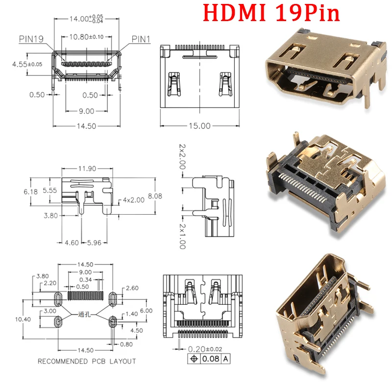 Enchufe hembra tipo A HDMI, Conector de interfaz HD de 19 pines, HDMI hembra, interfaz de datos, Adaptador tipo DIP 4, 1/5/10/50 piezas