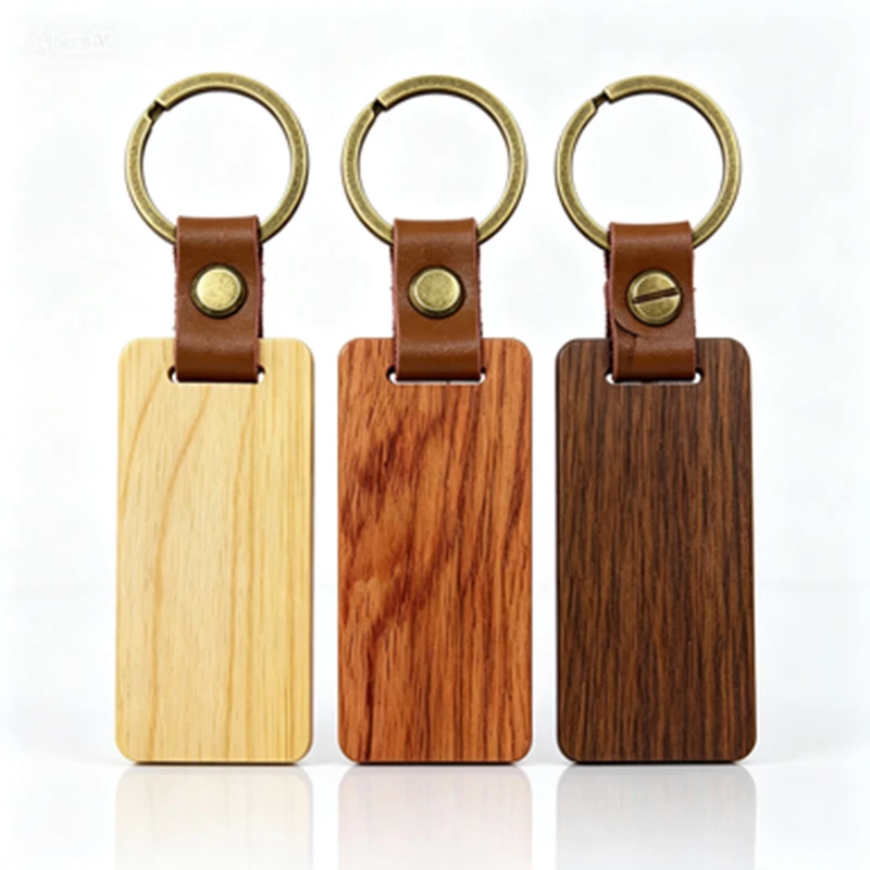 30Pcs Portable Identification Wooden Key Tag Blank, Rectangle Wood Keyring, Vintage Metal Ring Leather Strap