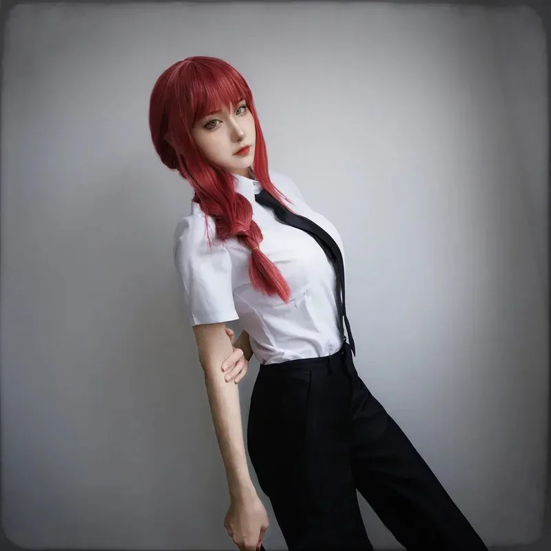 Makima-Disfraz de motosierra de Anime para hombre, gabardina negra, camisa, pantalones con lazo, peluca Makima, uniforme largo trenzado rojo claro para hombre y mujer