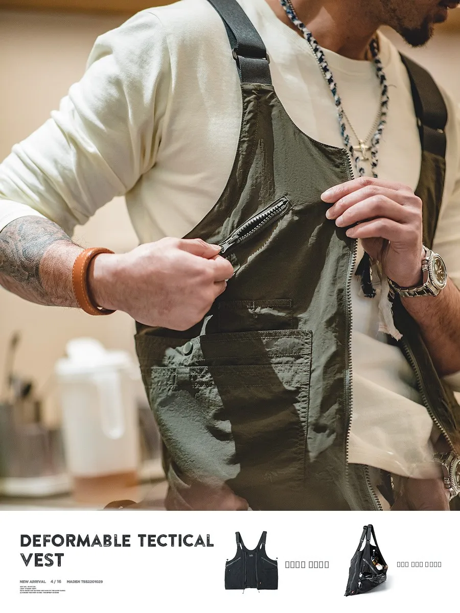 

Maden Nylon Vest Men's Outdoor Multi-ket Svel Jaet Spring Season Stand Fit Japanese Retro Sle Zipper Closure