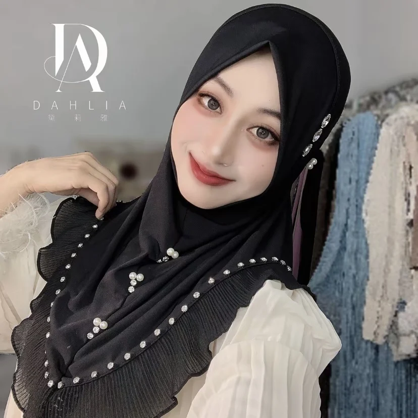 Ruffled Moslem Hijab Instant Ready to Wear Elegant Girls Headscarf 3