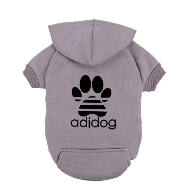 Moletom com capuz para cachorro estilo "Adidog" – Moletom para animais de estimação forrado de lã com logotipo de pata – Jumper casual para cachorro pequeno – cinza