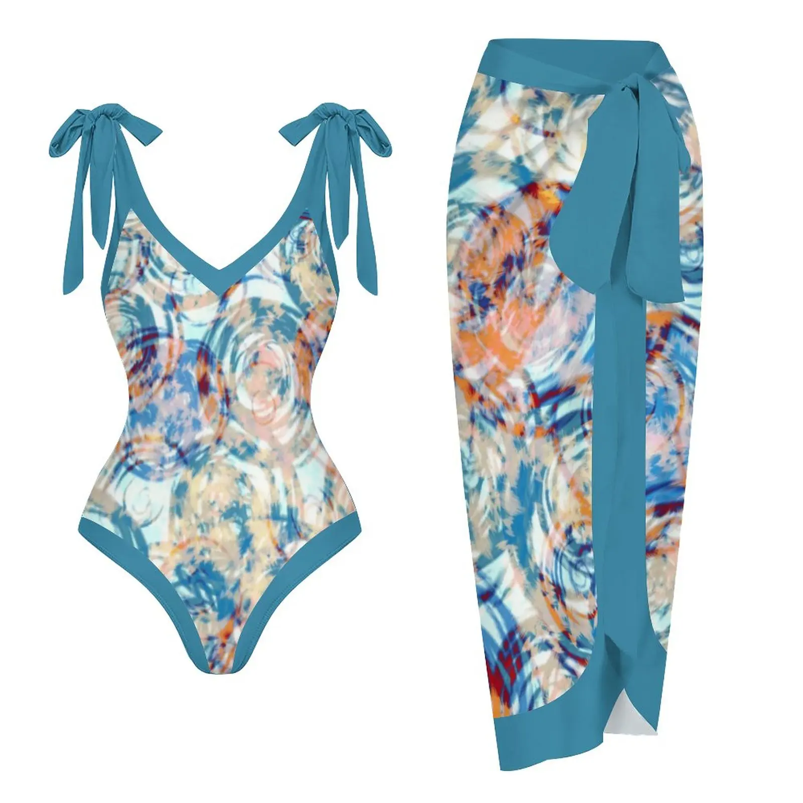 

Prints Tummy Control One Piece Women's Swimsuits With Tied Waist Cover Ups Swimwear Beach Skirt Swimdress Beachwear