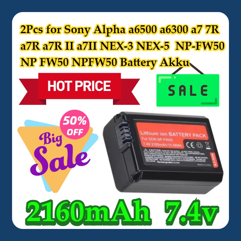 

2Pcs for Sony Alpha a6500 a6300 a7 7R a7R a7R II a7II NEX-3 NEX-5 2160mAh NP-FW50 NP FW50 NPFW50 Battery Akku