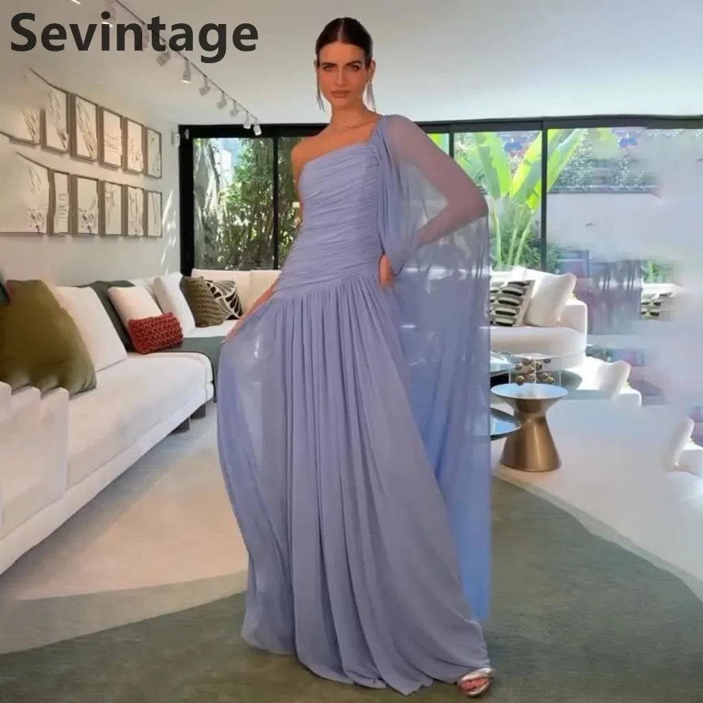 Sevintage 2025 Sky Blue Chiffon Maxi Evening Dress One Shoulder A Line Wedding Formal Prom Dress Dubai Party Gown Robe de soiree