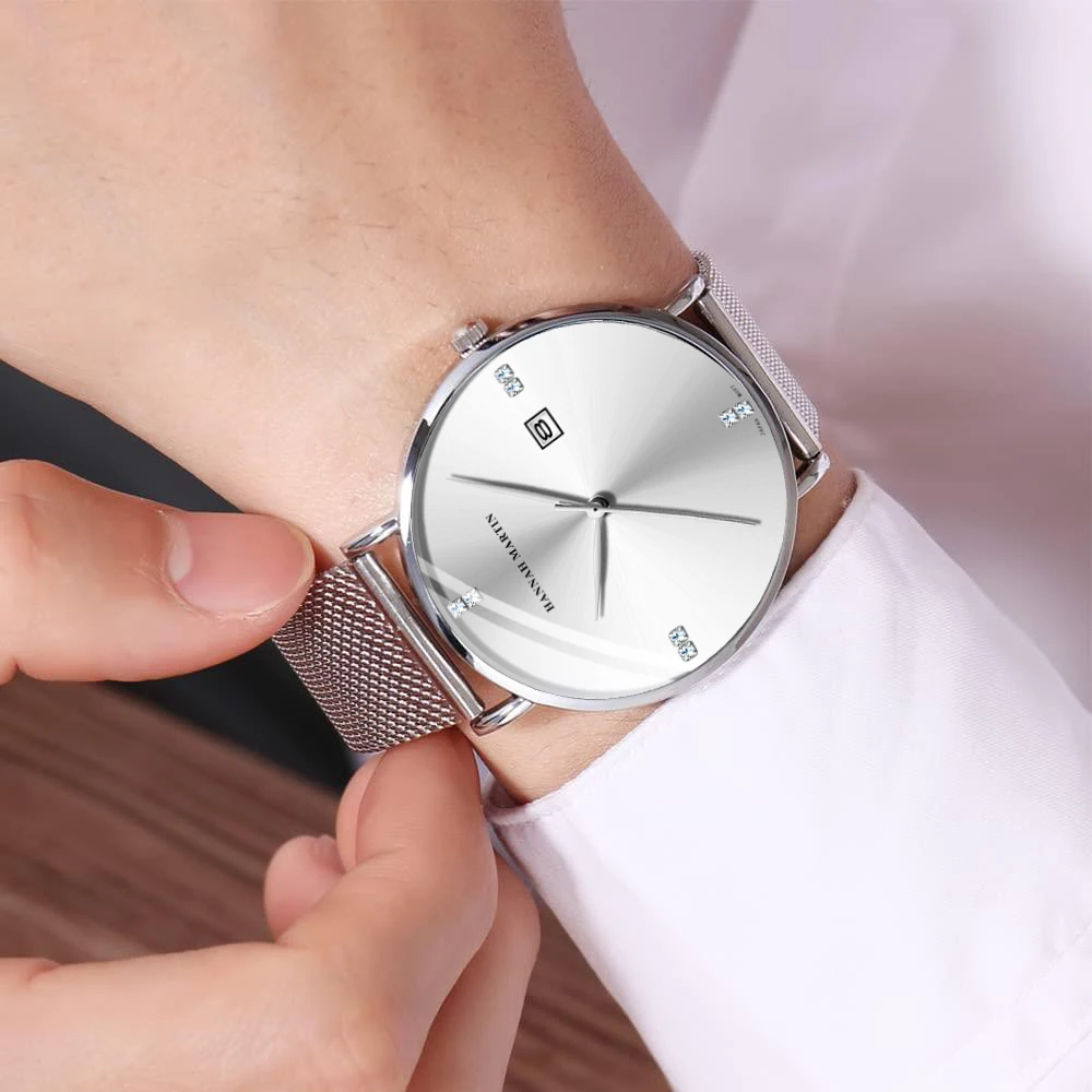 ساعة رجالية من حجر الراين عصرية فاخرة على طراز الأعمال 40 ملم بمينا بسيط وحزام شبكي من الفولاذ المقاوم للصدأ ساعة حركة كوارتز يابانية