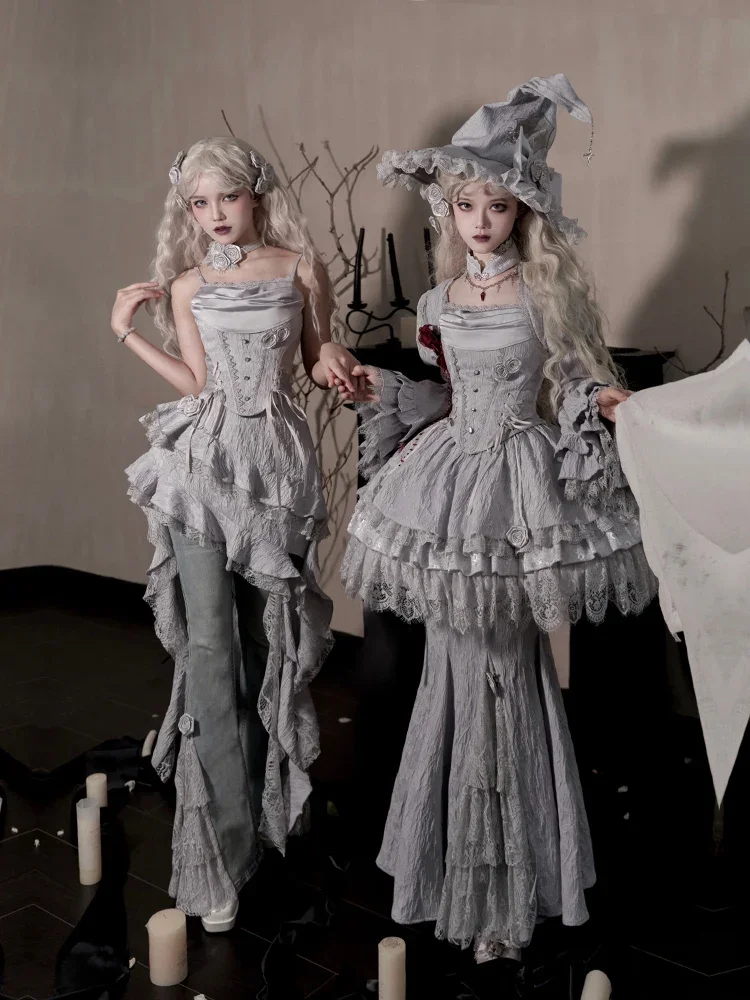 

Halloween Grey Spider Web Clothes Set Multiple Combinations Lolita Gothic Witch Corset SK Fishtail Skirt Jeans Set 2025 new